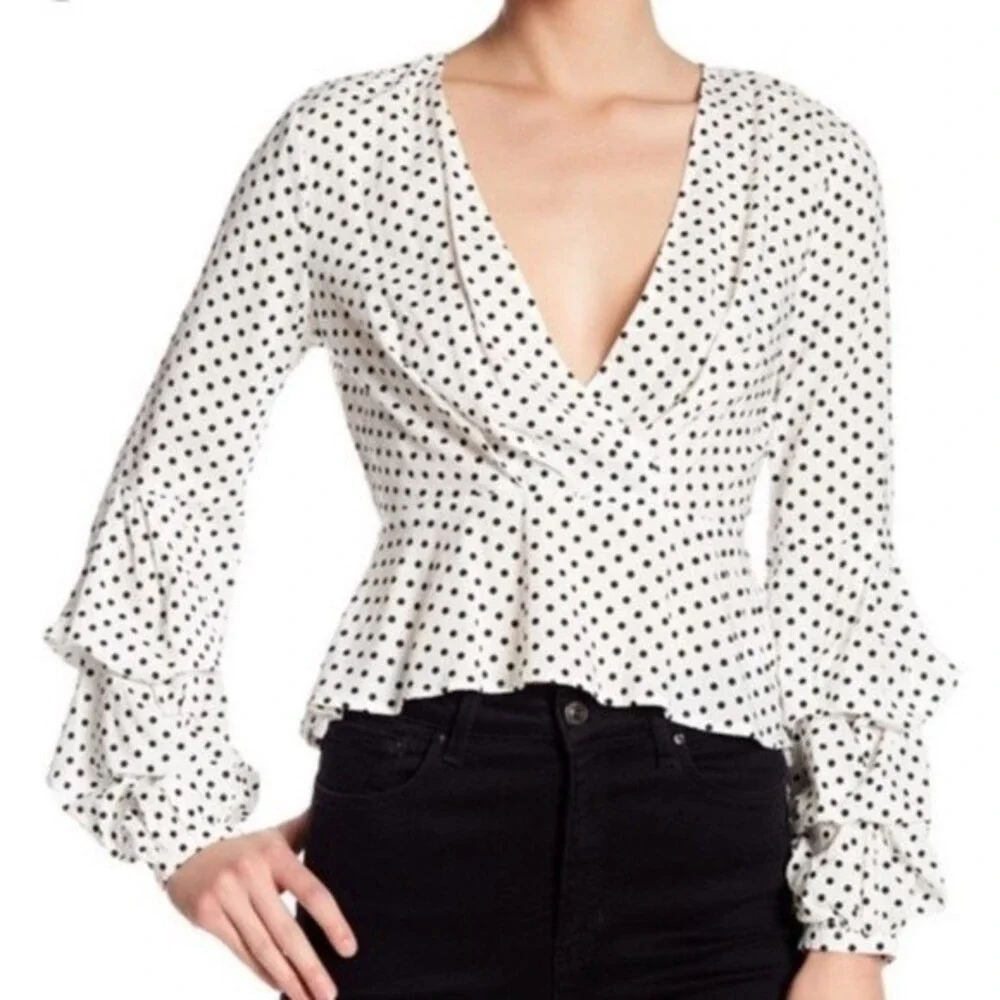 NWT Astr White Black Polka Dot Surplice Neck Gather Puff Long Sleeve Women Large